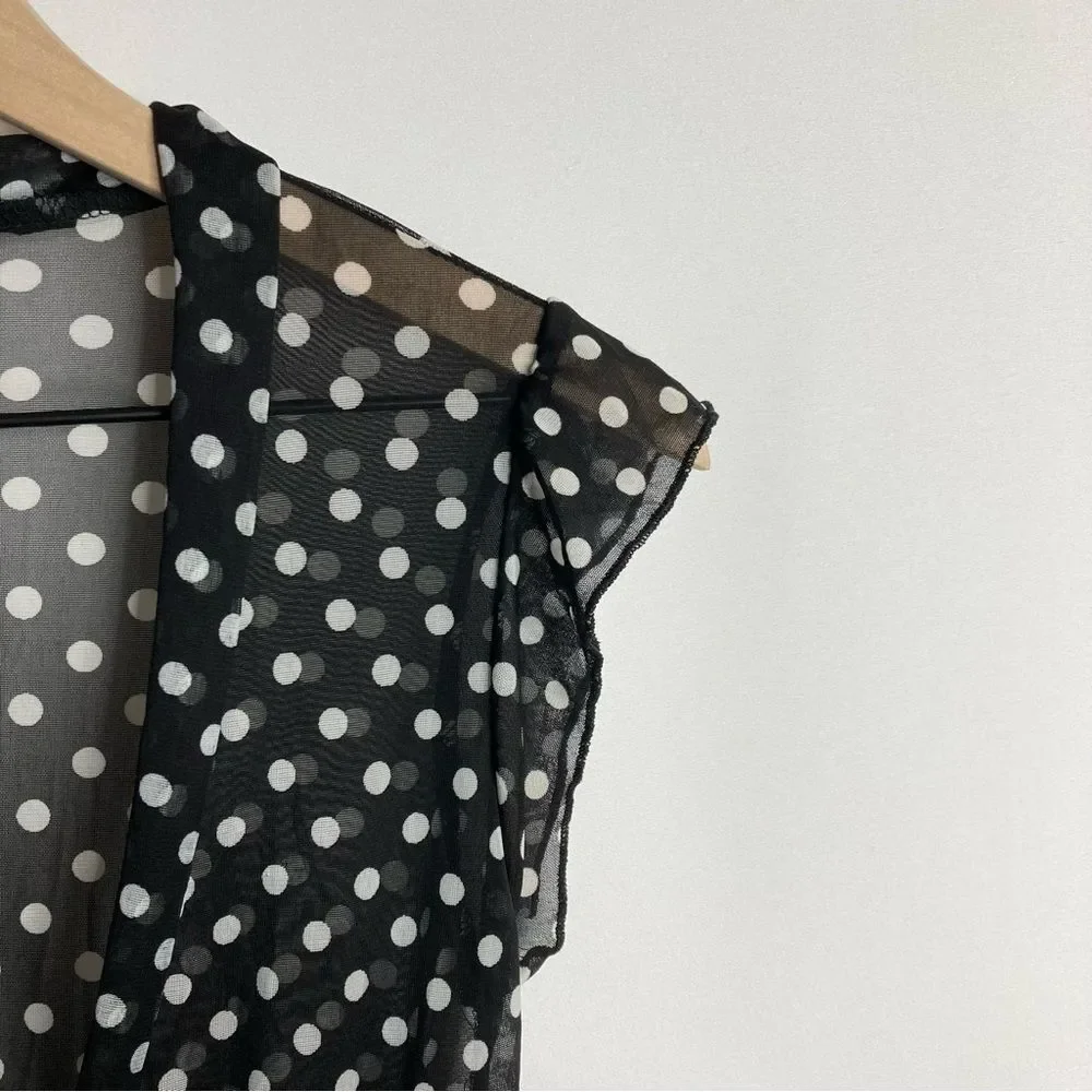 Y2K Lashes Mesh Blouse Black White Polka Dots Deep V Neck Small